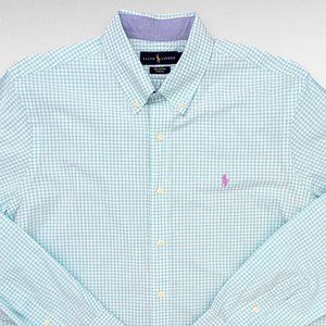 Ralph Lauren 100% Cotton Stretch Shirt Mens Medium Blue Plaid Button Size L
